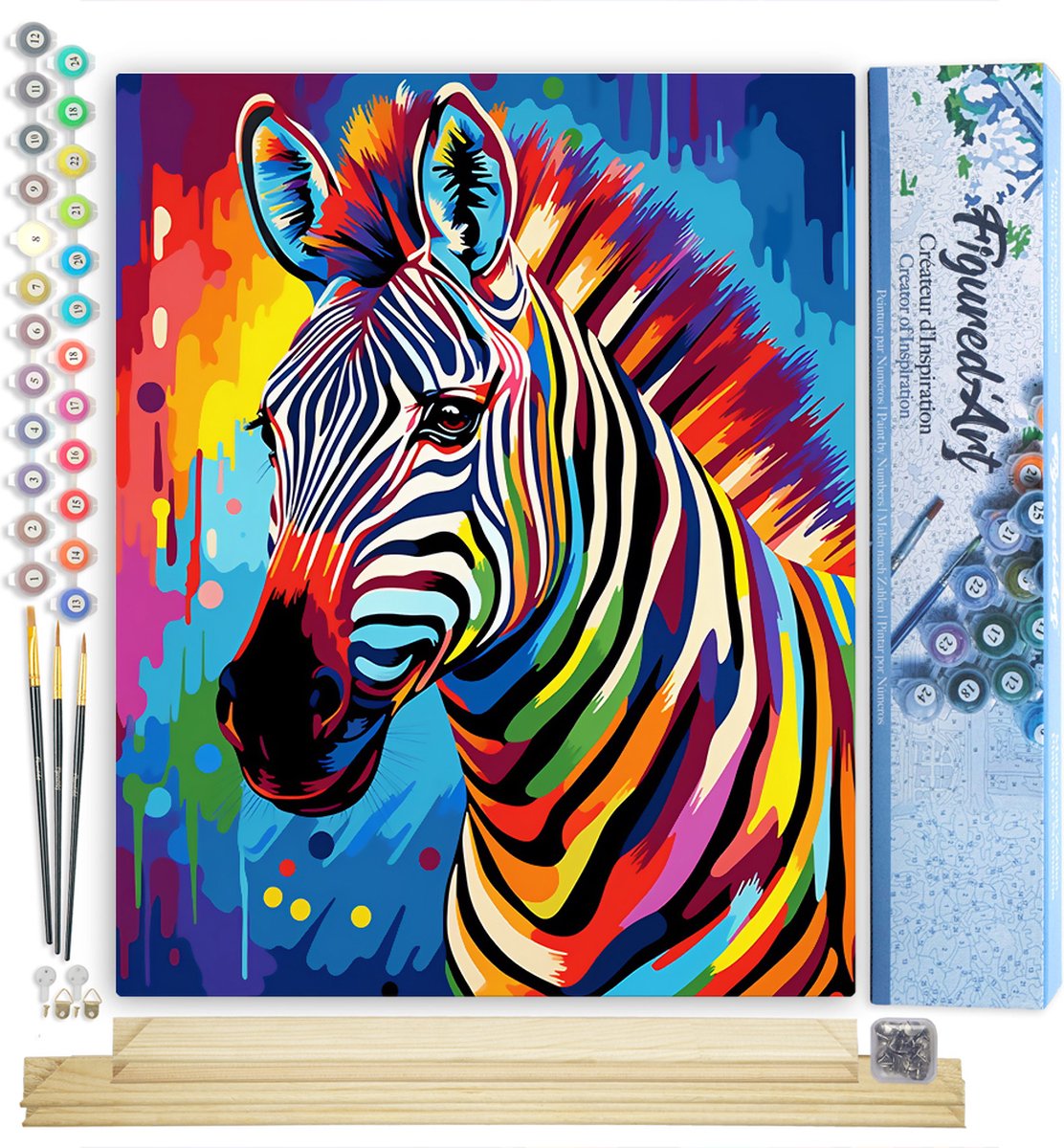 FiguredArt Schilderen op Nummer Volwassenen canvas Kleurrijke Abstracte Zebra- Handwerk acrylverf Kit DIY Compleet - 40x50cm met DIY houten lijst